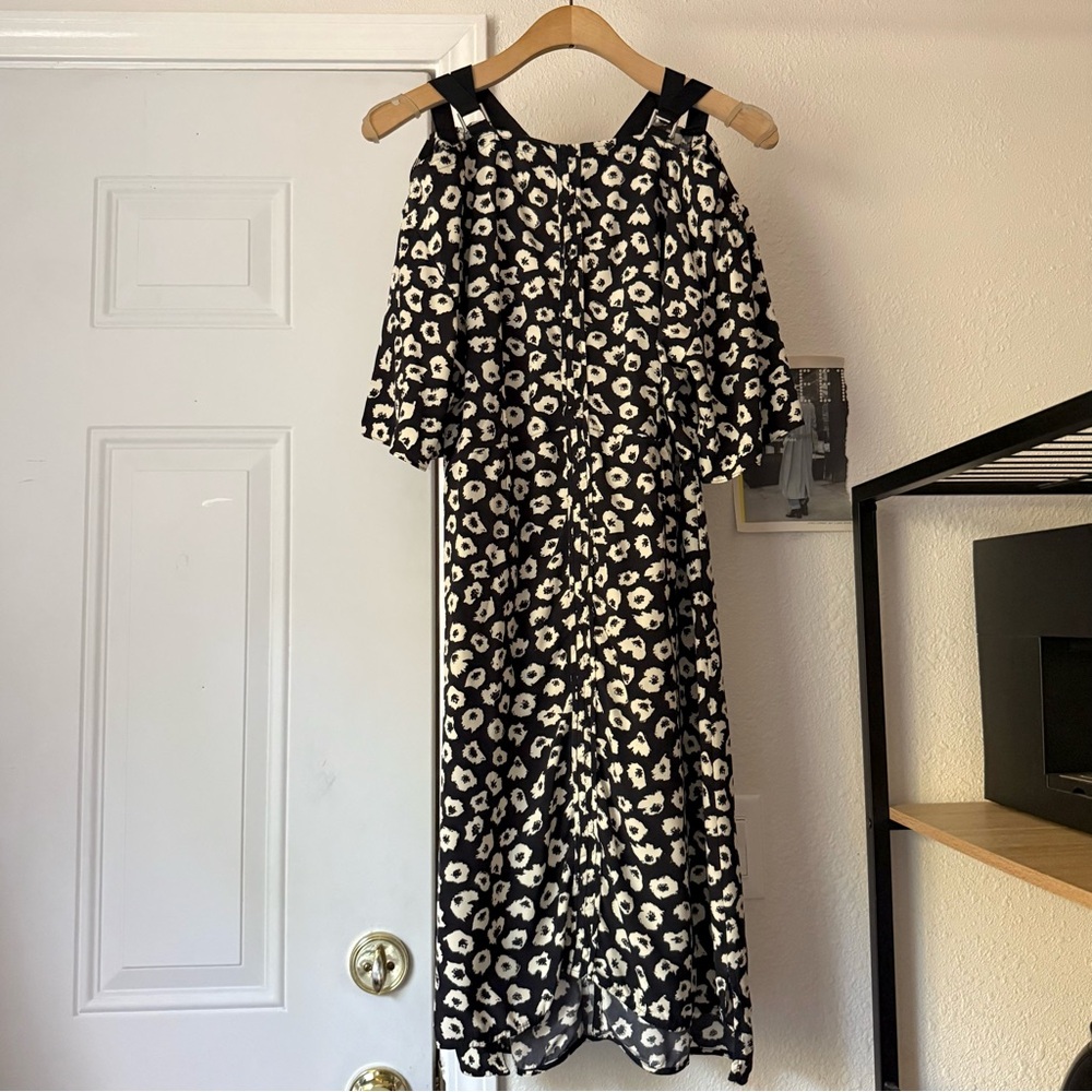 PROENZA SCHOULER black cream leopard‎ cheetah short sleeve ruched mini dress